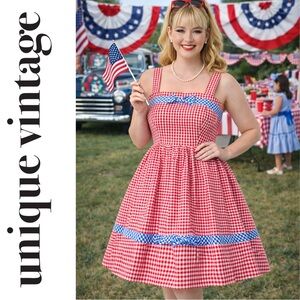 Unique Vintage 1960s Movie Date Red & Blue Gingham Swing Dress, 1x, NWT!